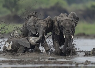 Fototapeta premium African Elephants Splashing in Mud