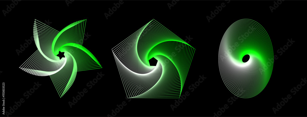 Poster vector set of twisted colors geometry figures. spirals fractal element. sacred geometry with lines a