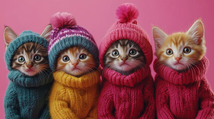 Fototapeta premium portrait of cute lovely kittens in warm clothes and winter hats on the bright pink background