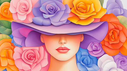 Naklejka premium A stylized portrait of a woman wearing a large, colorful hat adorned with roses in various shades. The background features vibrant flowers, creating a cheerful and artistic atmosphere.
