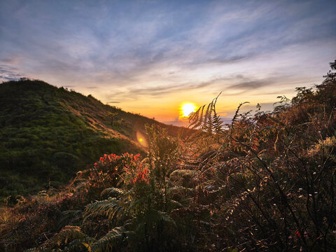 Beautiful Sunrise in Paru Mount Indonesia, with Grass in front of