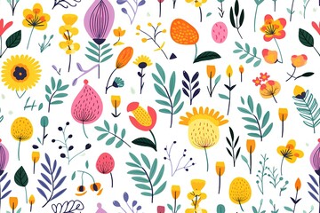 Abstract Hand drawn abstract wildflowers, set flowers and leaves, flat icons. Vector illustration
