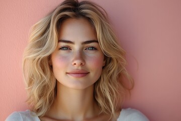 Naklejka premium portrait of caucasian russian softly smiling young woman with blond hair on pink color background
