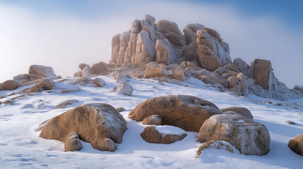Fototapeta premium Golden Morning Light Over a Snowy mountaintop Landscape with Rocks and corals