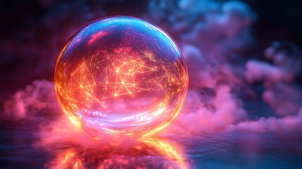 A glowing bubble with internal geometric holographic projections blending seamlessly with its iridescent surface