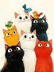Seven cats, stacked on top of each other, looking up, little birds, childish and warm, Style cartoon