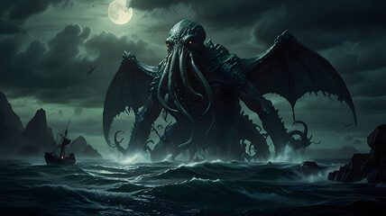 Dark fantasy scene showing Cthulhu the giant sea monster with Feathers
