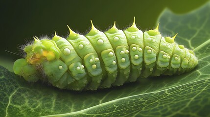 Naklejka premium Green caterpillar resting on a vibrant leaf