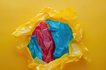 Diverse colorful plastic packs coming through a hole on yellow background