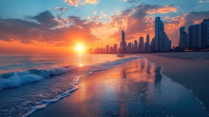 Fototapeta premium Vibrant sunset over ocean city skyline reflected in wet sand.