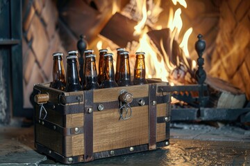 Handmade wooden beer carrier with built in opener near fireplace.
