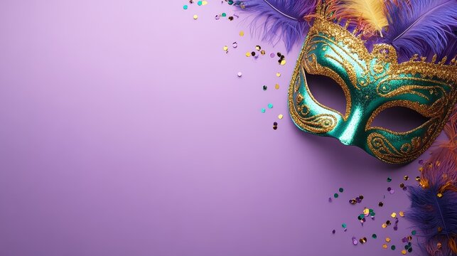 top view festive carnival masks with green and gold color on light purple background, Mardi Gras, masquerade, copy space