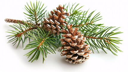 Pine Tree Branch and Cones: A pine tree branch with cones isolated on a white background.