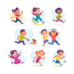 Happy Boy and Girl Character Run Outdoor Vector Illustration Set