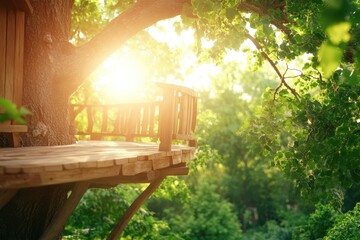 Rustic treehouse balcony surrounded by lush green leaves and soft sunlight, creating a peaceful and natural setting.