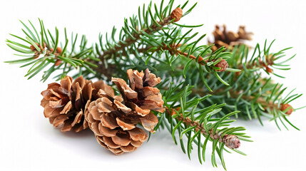Pine Tree Branch and Cones: A pine tree branch with cones isolated on a white background.