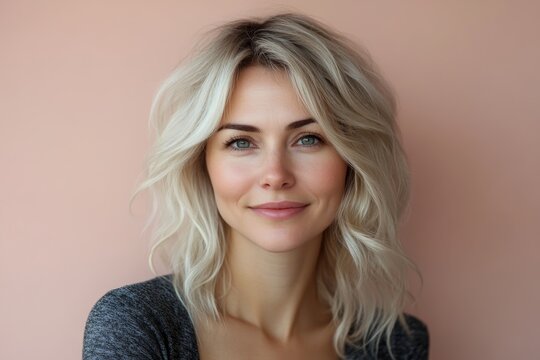 portrait of russian softly smiling young woman 35 years old with blond hair on beige pink color background