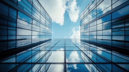 Obraz premium Sky Reflection in Modern Glass Business Buildings from Below View