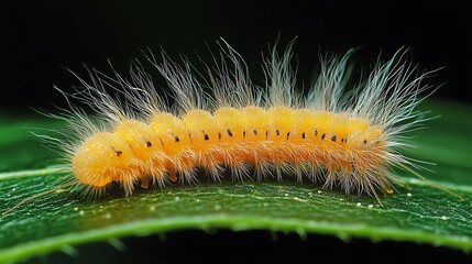 Fototapeta premium Fluffy Yellow Caterpillar Crawling on Green Leaf
