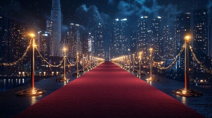 A red carpet leads to a city skyline at night, with string lights overhead.