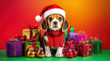 Cute Beagle Dog in Santa Hat Surrounded by Colorful Christmas Gifts