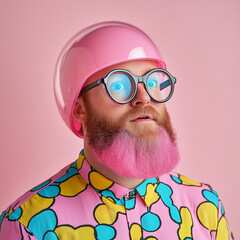 Portrait of a man with pink helmet and creative glasses on a pink background