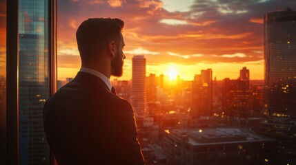 Fototapeta premium Businessman Gazing at Sunset Over City Skyline From Office Window