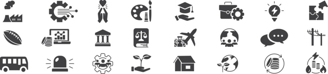 society icon set. technology education healthcare agriculture energy transportation speech justice art editable stroke line vector icons collection illustration