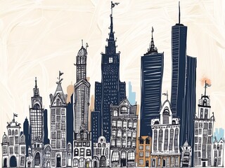Naklejka premium A Cityscape Featuring Diverse Architectural Styles Of Buildings