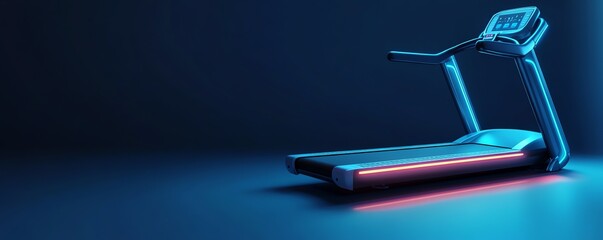 A banner style vector illustration of an isolated modern treadmill on a blue background, copy space for text