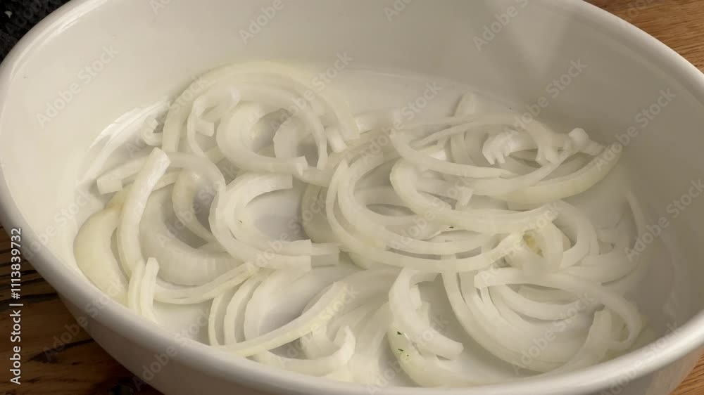 Sticker cook housekeeper put fresh sliced onions in a bowl baking dish on wooden board in kitchen. process of making homemade meal, cooking at home, food closeup, cooking pork roast