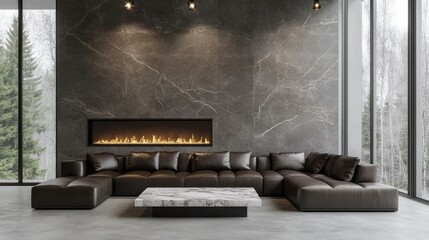 Modern living room features a sleek sofa and elegant fireplace with large windows showcasing outdoor nature
