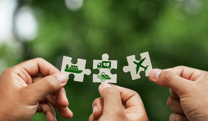 Green logistics or sustainable transport Sustainable global transportation Transportation or travel by boat, car, train, airplane, truck with clean and environmentally friendly energy.