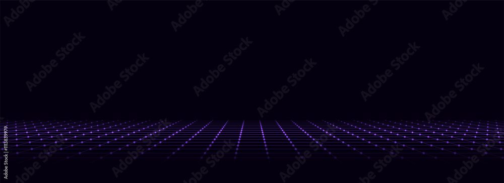 Sticker technology wireframe landscape. vector perspective grid. digital space. purple mesh on a black backg