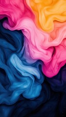 Fototapeta premium A vibrant swirl of colors blending together, featuring shades of pink, yellow, blue, and dark tones, creating an abstract and fluid artistic composition.