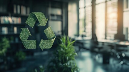 Green recycling symbol in a modern office setting