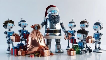 robotic Santa Claus with gifts and Other robot kids-Christmas vibe