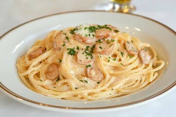 Delicious Creamy Mushroom Pasta Dish with Parmesan Garnish