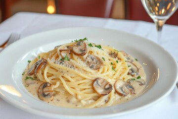 Delicious Creamy Mushroom Pasta Dish with Parmesan Garnish