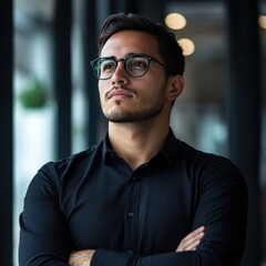 Obraz premium Stylish Young Man in Glasses Posing Confidently Indoors
