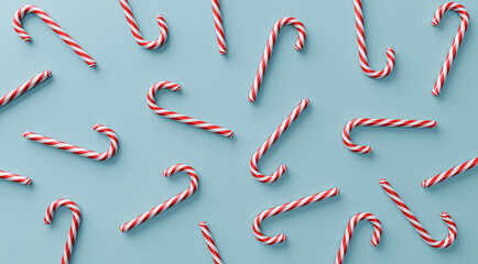 Christmas pattern with candy canes on light blue background, top view, 3d rendering