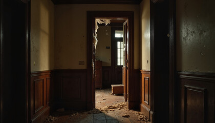 Abandoned interior of a decrepit building with peeling walls and debris
