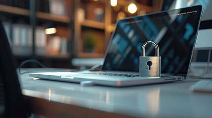 The concept of protecting your computer from viruses and hackers. Lock on the laptop.