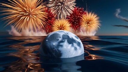  moon sinking in ocean while new year fireworks on background-fantasy holiday wallpaper