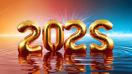 new year 2025-2025 balloons floating on water with a color splashed background