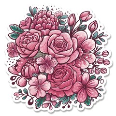 Die-cut sticker pink floral doodle design. roses, cherry blossoms