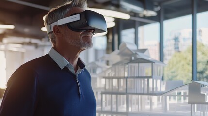 Fototapeta premium Man Wearing Virtual Reality Headset in Modern Office Environment