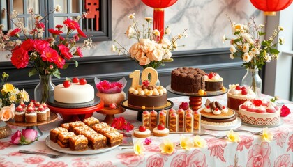 Fototapeta premium Festive birthday dessert buffet with various cakes and pastries.