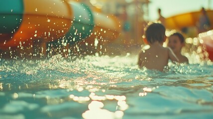 Obraz premium A boy and a girl are playing in a pool. The boy is splashing water on the girl