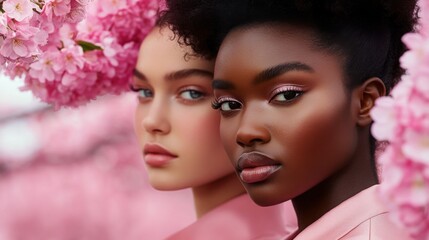 Naklejka premium outdoor runway surrounded by blooming cherry blossoms, models in pastel spring outfits